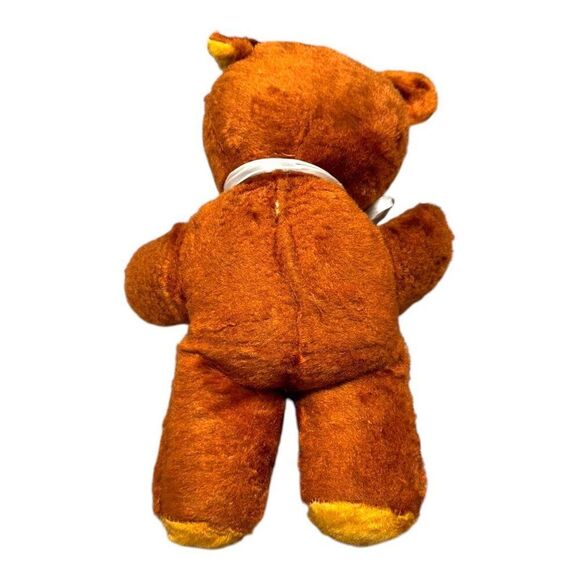 Vintage Unbranded Mohair Antique Brown & Yellow Plush Stuffed Bear Toy w/ Ribbon - Picture 2 of 7
